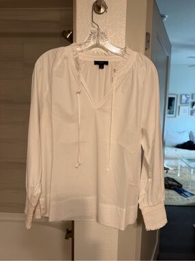 J. Crew White Peasant Blouse with Tie Neck and Smocked Cuffs